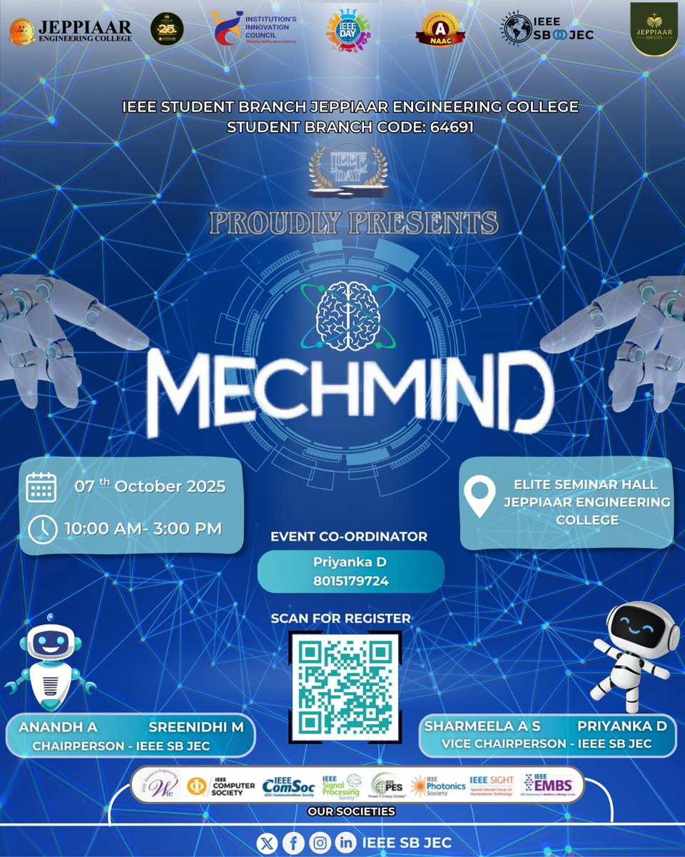 ieeesbjec's tweet photo. Calling all tech enthusiasts! 
MECHMIND is here! Join the IEEE Student Branch at Jeppiaar Engineering College on October 7th for a day of innovation and robotics. Scan the QR code to register and get ready to challenge your mind
#MECHMIND #IEEE #Engineering #Robotics #AI https://t.co/cyDLxaQ8LF