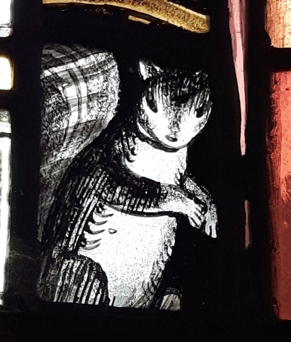 StroudStory's tweet image. Probably my favourite #StFrancis #stainedglass - by Edward Payne, of course, from 1962, preaching to the birds in the farmyard - plus a squirrel. Although this cockerel isn't impressed, I fear. From Didbrook, #Gloucestershire.