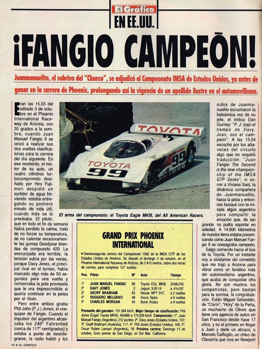 PatoG82's tweet photo. 4 de Octubre de 1992. ¡Juan Manuel Fangio Campeón! 🏆
"🇦🇷 Juanmanuelito, el sobrino del Chueco, se adjudicó el campeonato IMSA de Estados Unidos, ya antes de ganar la carrera de Phoenix, prolongando así la vigencia de un apellido ilustre en el automovilismo"
El Gráfico https://t.co/S7AYcHQMh5