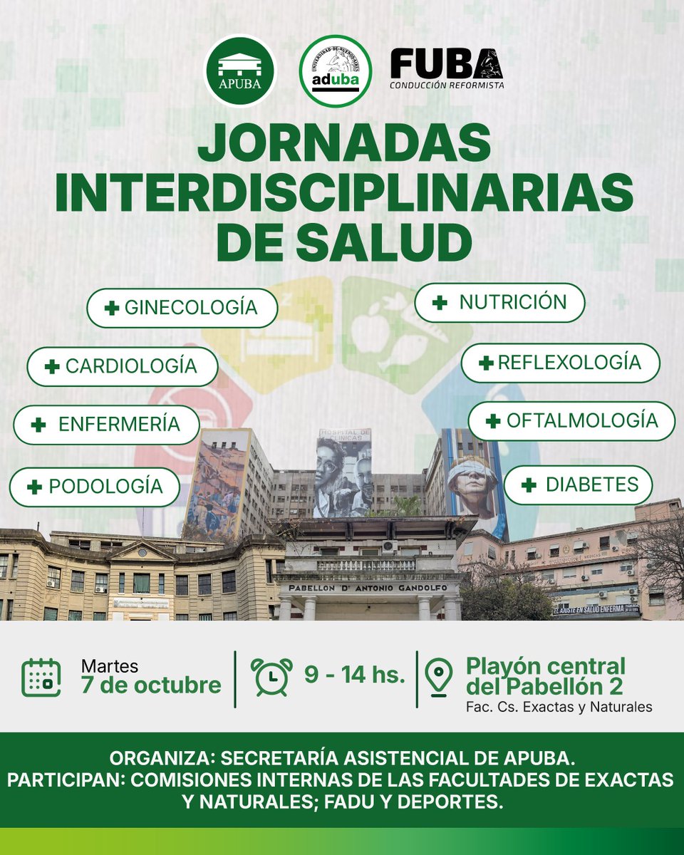 JORNADAS INTERDISCIPLINARIAS DE SALUD.

Este martes 7 de octubre,  se desarrollarán las Jornadas Interdisciplinarias de Salud, en Ciudad Universitaria, organizadas por la Secretaría Asistencial de APUBA.

En el Playón central del Pabellón 2 de la Facultad de Cs. Exactas y