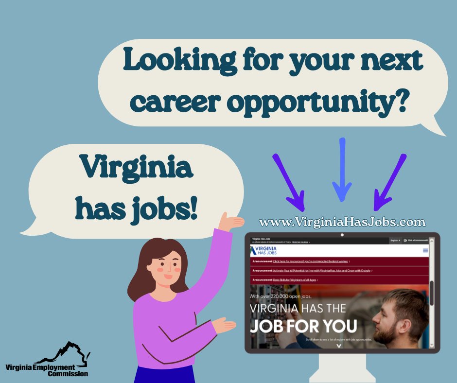 vaemploy's tweet image. 📢 Are you looking for your next career opportunity?
💼 Visit VirginiaHasJobs.com to explore thousands of job openings, career resources and hiring events across the Commonwealth.

#VirginiaHasJobs #Hiring #OpenPosition