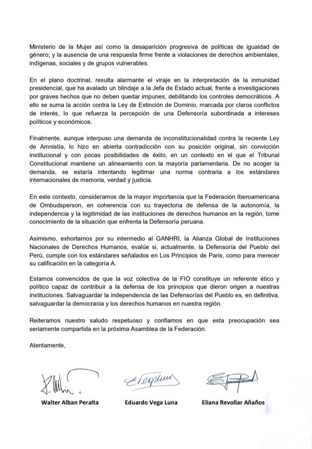🚨📢🇵🇪Tres exdefensores alertan a la presidenta de la Federación Internacional de Ombudsperson sobre la grave crisis ética e institucional que ha causado Josué Gutierrez desde que asumió como defensor en 2023, sometiendo la entidad a un pacto de impunidad y antiderechos