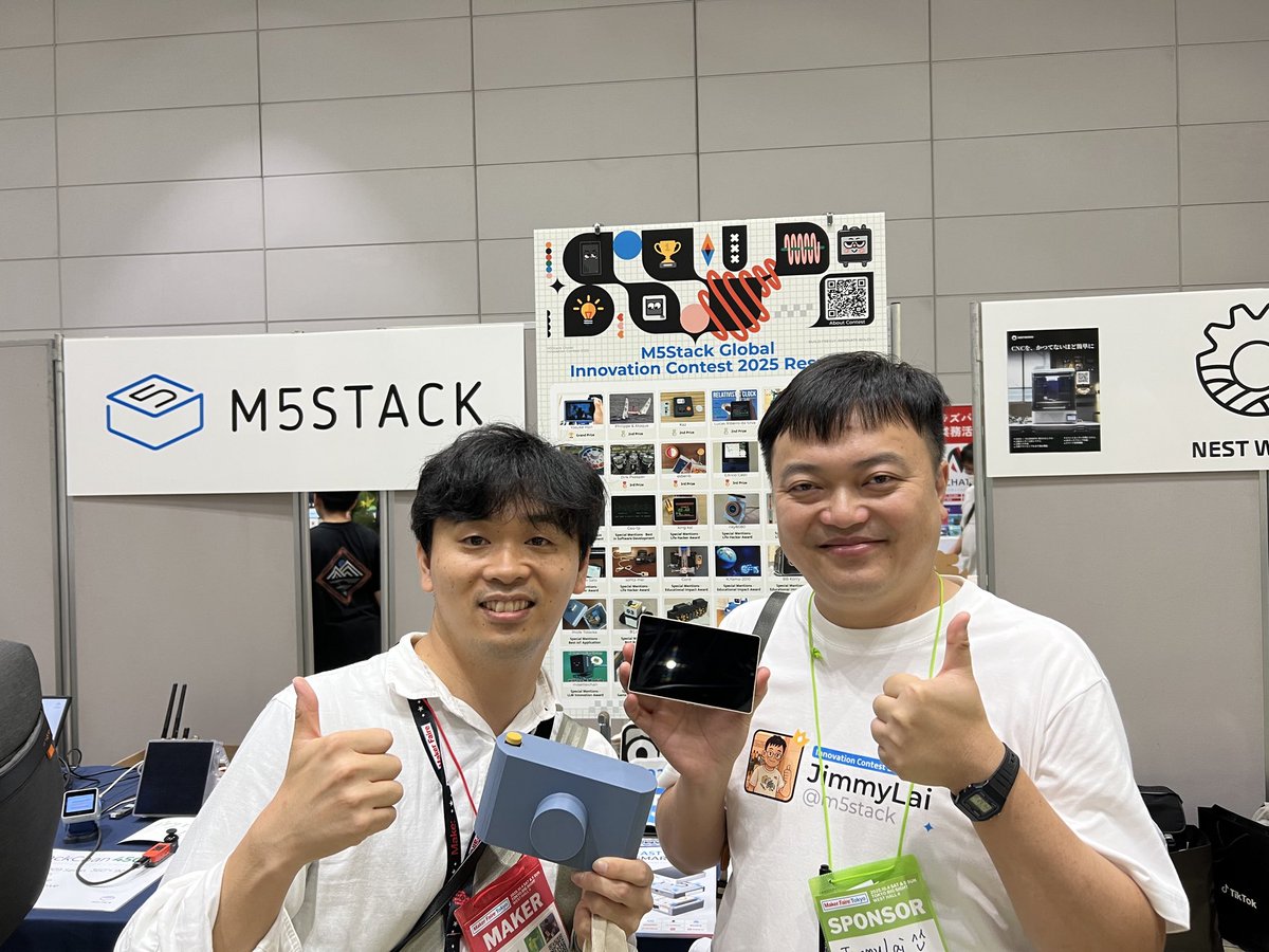 kasanetarium's tweet image. M5stack Global Innovation Contest 2025 グランプリを受賞させていただいたため、M5Stackブースへ挨拶に行ってきました。賞品のゴールデンエディションのTab5とTシャツをいただきました!そしてJimmyとも記念撮影!ありがとうございました!
#M5StackInnovationContest #M5Stack #MFTokyo2025