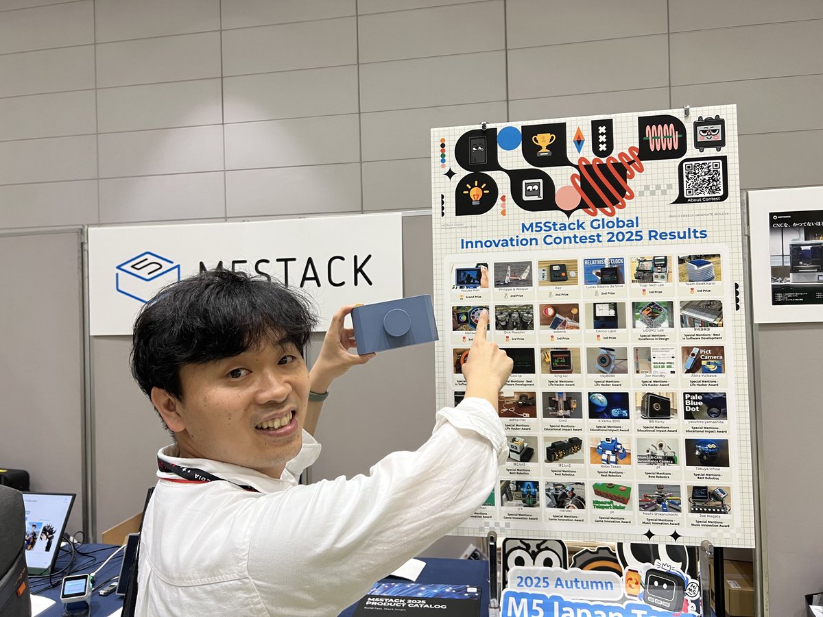 kasanetarium's tweet image. M5stack Global Innovation Contest 2025 グランプリを受賞させていただいたため、M5Stackブースへ挨拶に行ってきました。賞品のゴールデンエディションのTab5とTシャツをいただきました!そしてJimmyとも記念撮影!ありがとうございました!
#M5StackInnovationContest #M5Stack #MFTokyo2025