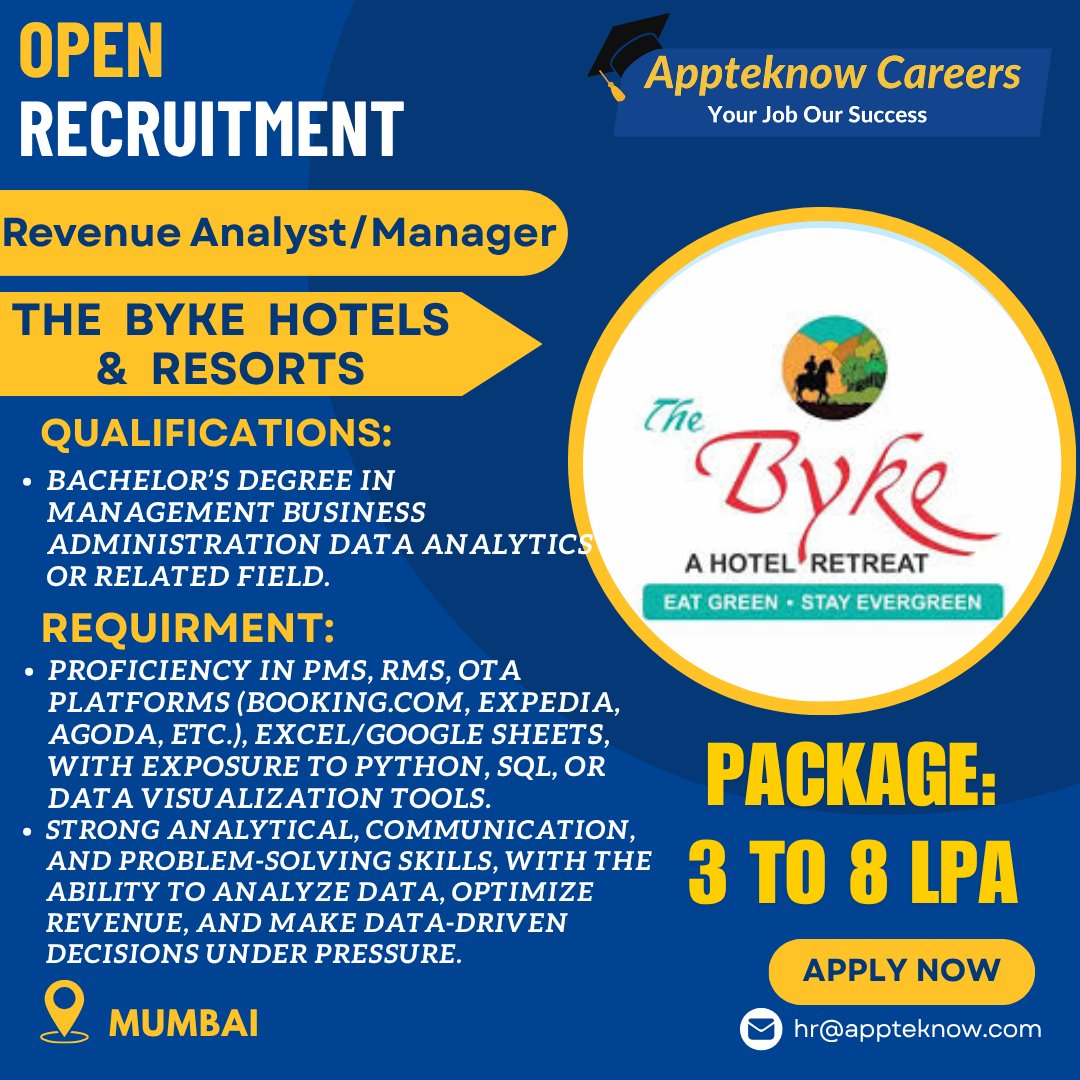 CoursesAptech's tweet image. Exciting Revenue Analyst/Manager opportunity at The Byke Hotels &amp;amp; Resorts, Mumbai! 🌟
Package: 3-8 LPA | Use your analytical and problem-solving skills to optimize revenue.
Apply now with Apptenknow Careers: hr@apptenknow.com
#RevenueJobs #AnalyticsCareers  #MumbaiJobs #JobAlert