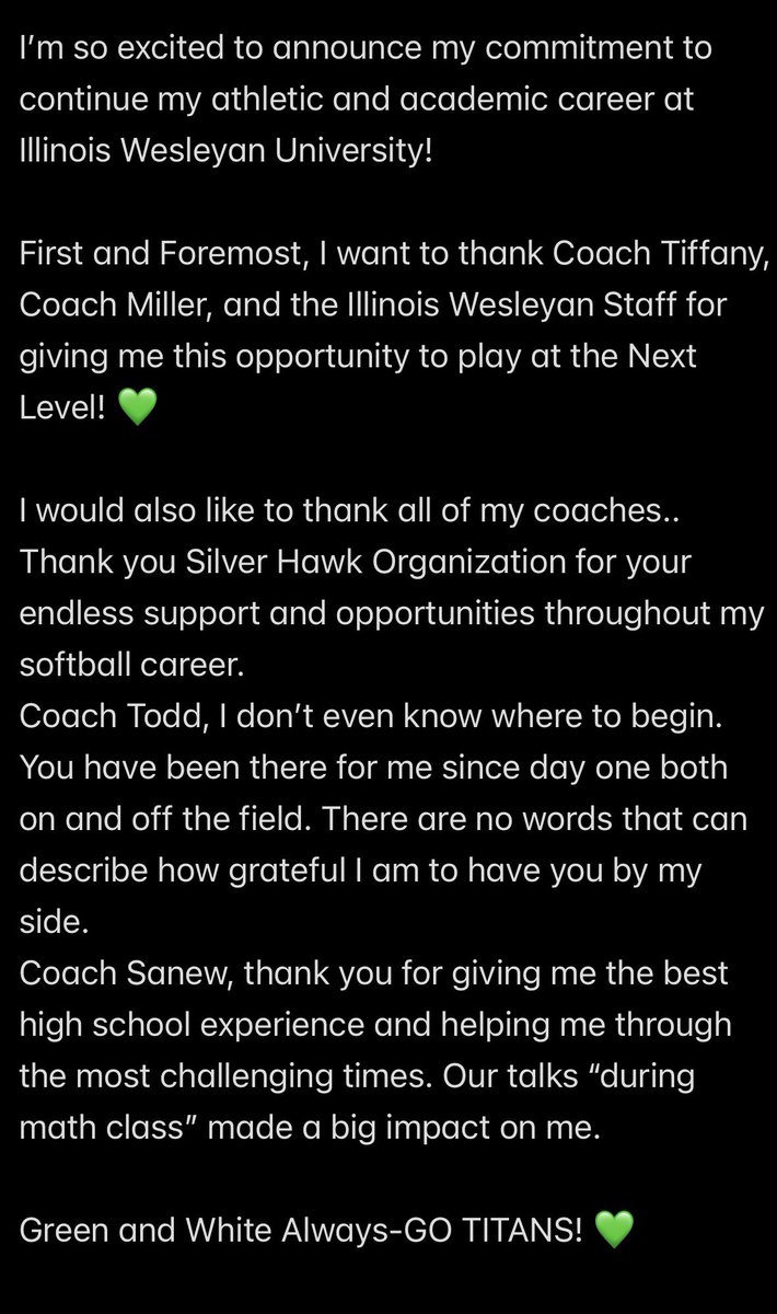 COMMITTED! 💚💚

<a href="/IWUSoftball/">IWU Softball</a> <a href="/SilverHawkSball/">Silver Hawks</a> <a href="/Coach_McNulty/">Lauren McNulty</a> <a href="/TFil13/">Tom Filkowski</a> <a href="/ToddStarowitz/">Todd Starowitz</a>