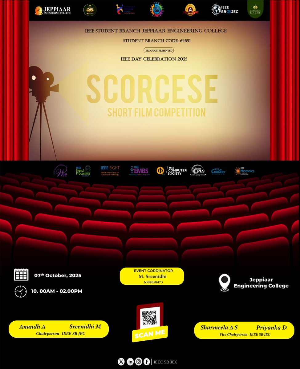 ieeesbjec's tweet photo. Calling all filmmakers! 🎥
Ready to show off your skills? Join the IEEE Student Branch at Jeppiaar Engineering College for SCORCESE, a short film competition, on October 7th. Scan the QR code to register and let your creativity shine!
 #ShortFilmCompetition #IEEE  #JEC #ieeesbjec https://t.co/0wD7PhFijt
