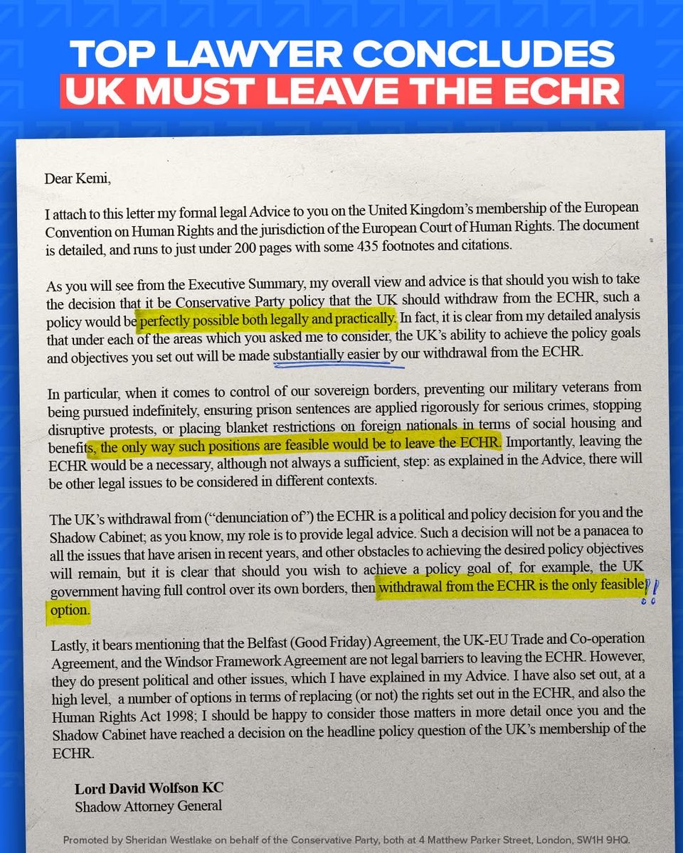 KeithRBarber's tweet photo. Delighted that the @Conservatives under @KemiBadenoch have confirmed that they will make leaving the ECHR one of the key policies for the next General Election.  The ECHR and Tony Blair’s Human Rights Act 1998 have led to the political paralysis of our country. We have seen vexatious appeals across areas such as political protesting, ILLEGAL immigration and spurious human rights claims.  No wonder the public is so frustrated with all this nonsense.  We need to take back control by removing this politically correct legislation which is simply no longer appropriate. #LeaveECHR #Conservatives #TakeBackControl