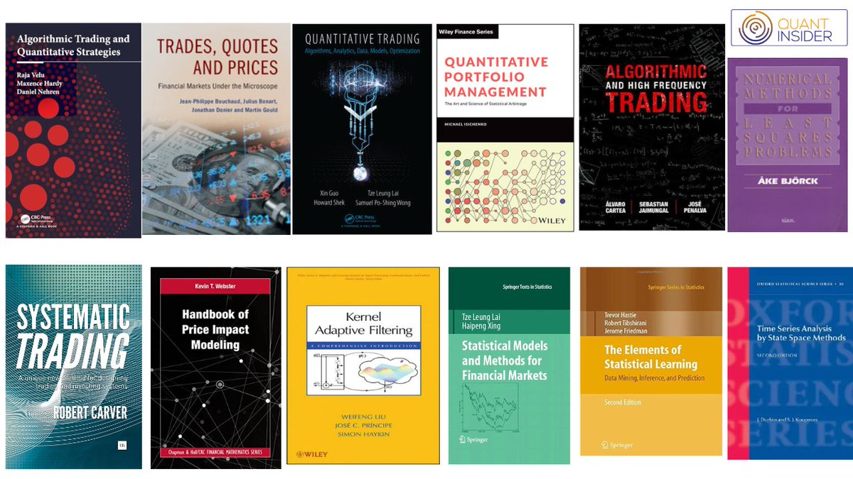 QuantINsider_IQ's tweet image. Few Quant trading books, if you are getting Started with Quant Trading 

A few themes covered across these classics:
-Algorithmic &amp;amp; High-Frequency Trading
-Quantitative Portfolio Management &amp;amp; Statistical Arbitrage
-Market Microstructure &amp;amp; Price Impact
-Kernel Methods, Adaptive…