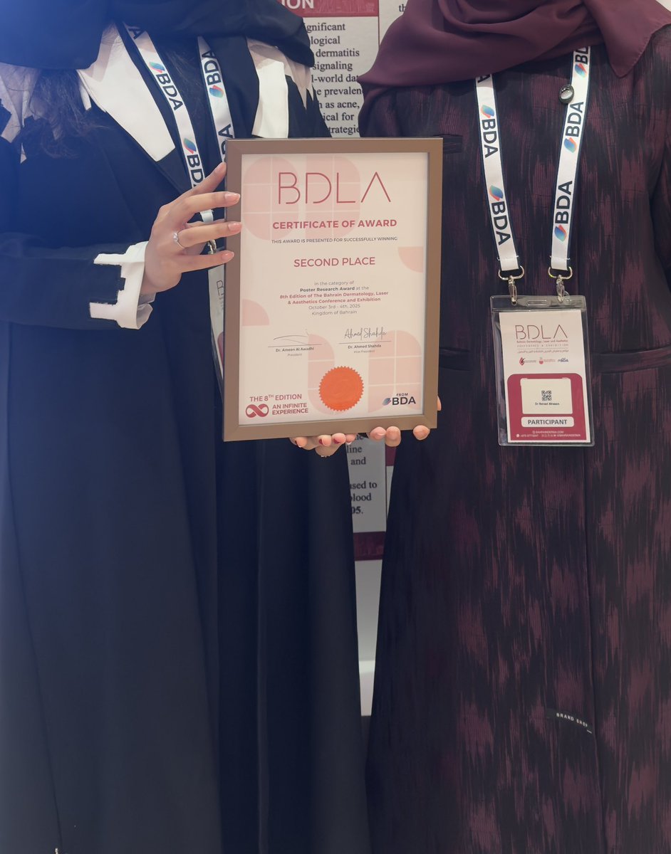 RanadAlr's tweet photo. Honored to attend and win 2nd place🥈for my poster presentation at the 8th Edition of the Bahrain Dermatology, Laser &amp; Aesthetics Conference and Exhibition
#BDLA8
Grateful to our team and my co-presenter for their support and collaboration. https://t.co/oibJYnjtaC