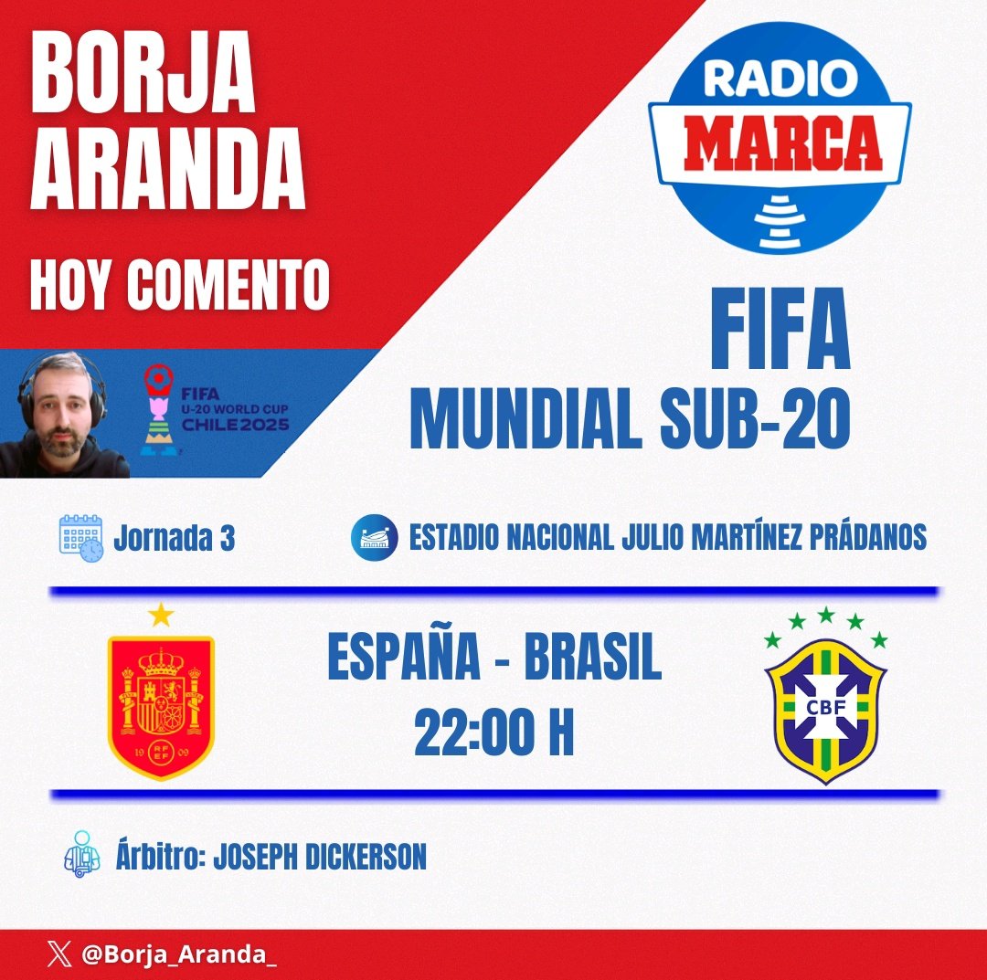 ¡Hoy hay Mundial Sub-20 en <a href="/RadioMARCA/">Radio MARCA</a>!

🗓️ Jornada 3
🏟️ Nacional Julio Martínez Prádanos
⚽ <a href="/SEFutbol/">Selección Española Masculina de Fútbol</a> - <a href="/CBF_Futebol/">brasil</a>
🕑 22:00H
🎙️ <a href="/PabloLopezRadio/">Pablo López</a>
🧑🏻‍💻 <a href="/IHerraizFdez/">Israel Herraiz Fernández</a>
🗣️ <a href="/PedrilloML87/">Pedro Martínez López</a>

¡Estaré hoy con un equipazo!
¡Sintonízanos! 📻❤️💙

#LALIGAEASPORTS | #LaRadioDelDeporte