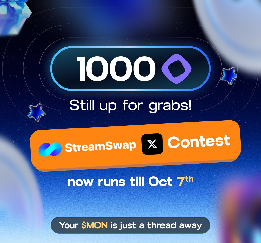 FlixFanatics's tweet photo. The battle’s not over yet!

1,000 $MON is still up for grabs — and you’ve got a few more days to claim your share.

📅 The #StreamWars Thread Contest now runs till Oct 7th, 2PM UTC

How to join:
1️⃣ Visit https://t.co/DEXnNqkRke
2️⃣ Read “About StreamSwap” to understand what powers it
3️⃣ Post a thread on X or Farcaster using #StreamWars, talking about StreamSwap
4️⃣ Submit it with your Monad 0x address via the form on the homepage

💡 Pro tip: More engagement (esp. replies) = higher chance to win and get featured across official channels.

Your $MON is just a thread away.