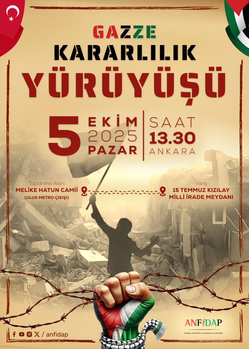 Zulme karşı Gazze Kararlılık Yürüyüşündeyiz

Yarın Ankara'da Melike Hatun Cami Önünde Buluşalım!

🗓️ 5 Ekim 2025 Pazar
🕜 Saat 13.30
📍 Melike Hatun Camii ➝ 15 Temmuz Kızılay Milli İrade Meydanı