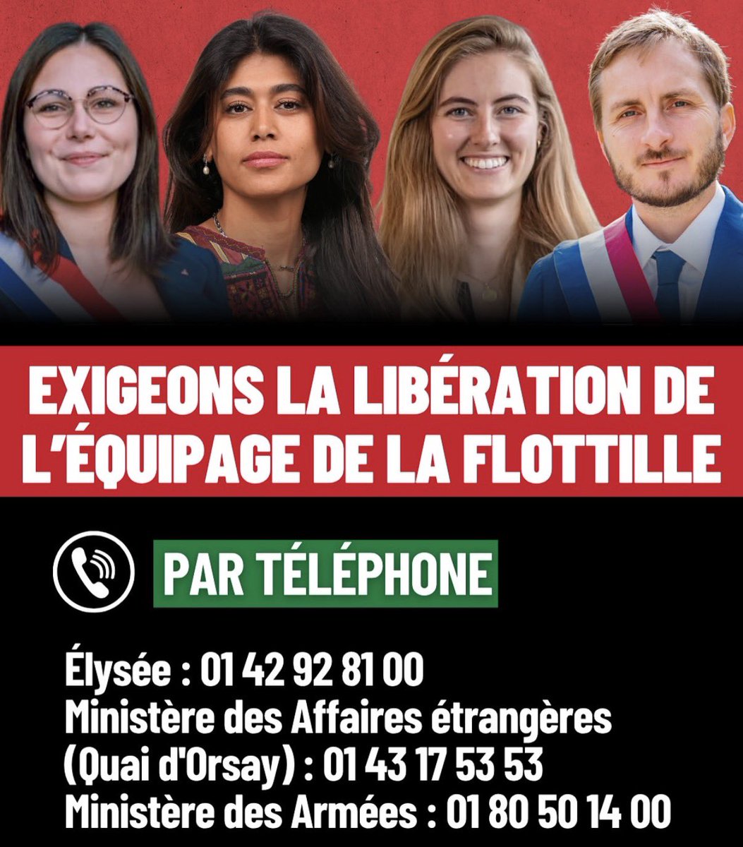 4 parlementaires français, <a href="/RimaHas/">Rima Hassan</a> <a href="/emma_frr/">Emma Fourreau</a> <a href="/MarieMesmeur/">Marie Mesmeur</a> et <a href="/FraPiquemal/">François Piquemal</a> sont toujours retenus par Israël. 
<a href="/EmmanuelMacron/">Emmanuel Macron</a> <a href="/jnbarrot/">Jean-Noël Barrot</a>, la France doit exiger leur libération et celles de l’ensemble des français enlevés illégalement dans les eaux internationales par Israël.
