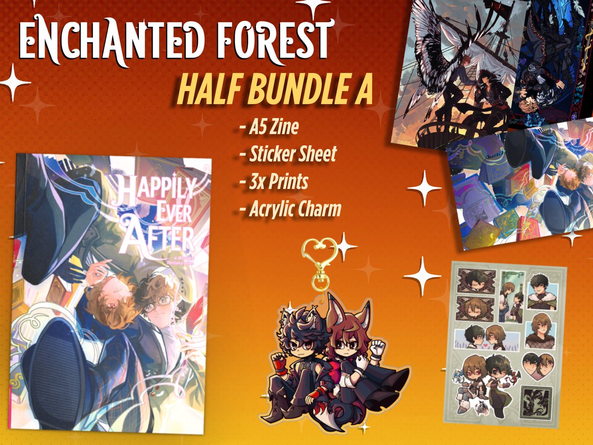 fantasyakeshu's tweet photo. We are introducing two half bundles, now entitled ENCHANTED FOREST and SPELLBOUND WOODS!

Enchanted Forest comes with a sticker sheet and an acrylic charm while Spellbound Woods includes the notebook and 2 die-cut stickers. They both will include the physical zine and 3 prints! https://t.co/CYEdHZ1suX