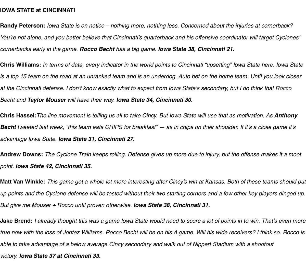 Here’s how our panel of *experts* see Iowa State vs. Cincinnati playing out…