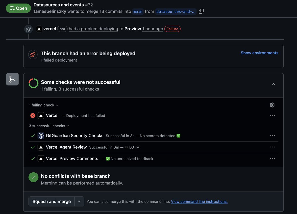tamozcodez's tweet image. Thx @vercel for the reviewz! :P 

Loving this workflow:
– Claude Code for PRs
– Vercel Agent for reviews
- Review code and comments
– GitHub CLI to feed unresolved comments to AI
- 🛳️