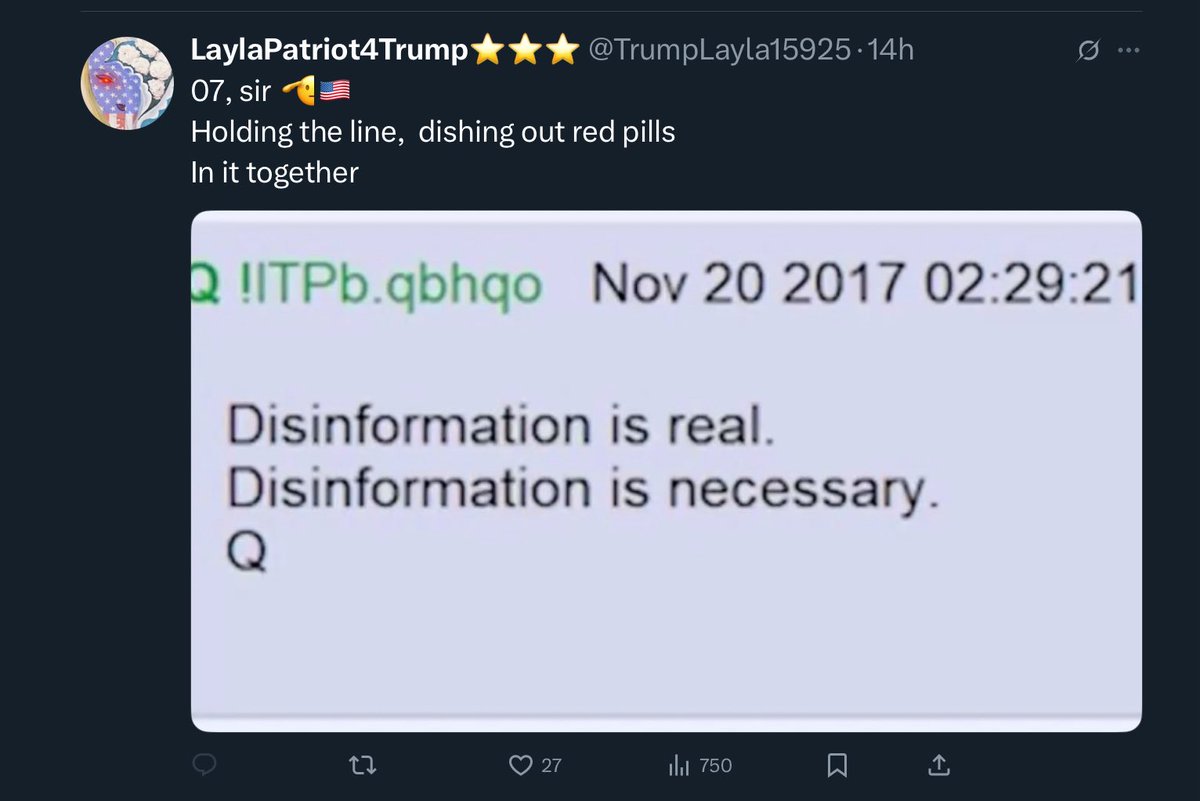 jimstewartson's tweet photo. Let the record show that I was right about Mike Flynn leading a psychological warfare attack on Americans that came to be known as QAnon.

It wasn’t Ron Watkins. It wasn’t a random troll.
“Q” is a vicious PSYOP that has BRAINWASHED MILLIONS.

Flynn now admits it because he thinks there are no consequences. He thinks this is his chance to round up his enemies and have them executed in “the Storm.”

The entire fake “Q researcher” movement, the “leftist” QAnon podcasts, the QAnon books by fake journalists, the vicious smears on me and anyone else who identified Flynn—ALL of it was designed to conceal Flynn’s role.

By putting this Q drop in his video, he’s now admitting that all the times he denied being part of QAnon, he was delivering “disinformation” because it was “necessary.”

Mike Flynn is the worst traitor in U.S. history. He is “Q.” He is a Russian agent. He needs a trial.

Luckily, I will have a chance to meet him in court soon.

We’ll be sure to ask whether he thinks “disinformation is necessary” in a court of law.
#ArrestMikeFlynn