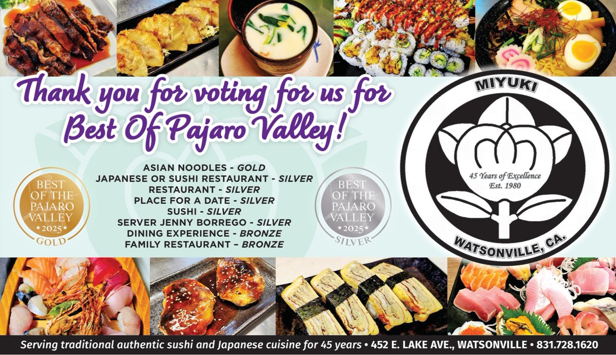 Miyuki Restaurant took gold, silver, &amp; bronze in 8 restaurant categories in the "Best of Pajaro Valley 2025" in Santa Cruz County, Ca. We won gold for our ramen! Thank you to all who voted for us! We greatly appreciate your loyalty! #sushi #ramen