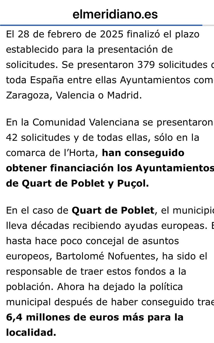 Buenas noticias para #quartdepoblet. El buen hacer en la gestión de los fondos europeos durante décadas trae sus frutos