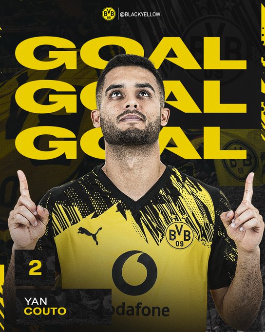 Yan Couto wearing a Borussia Dortmund jersey with yellow and black colors, featuring the Puma and Vodafone logos. He is pointing both index fingers upward. The text "GOAL GOAL GOAL" is overlaid in large yellow letters, and "YAN COUTO" and "2" are visible below him.