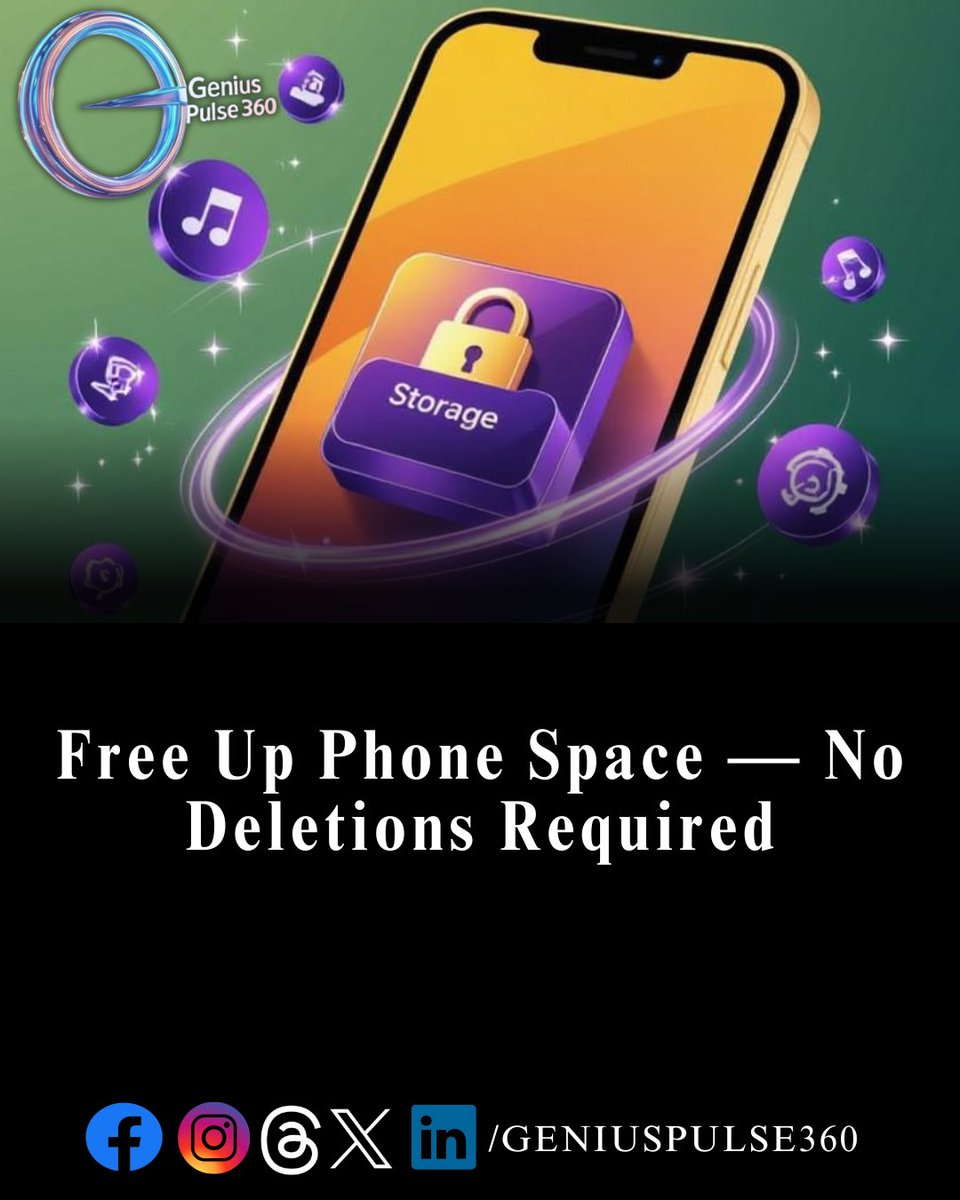 geniuspulse360's tweet image. Want more free space on your phone—without deleting anything important? Try these shortcuts:

‣ Clear app caches regularly (it frees up storage fast)
‣ Move photos, videos &amp;amp; files to the cloud
‣ Uninstall or disable unused apps
#TechTips #MobileHacks #Storage #Cloud