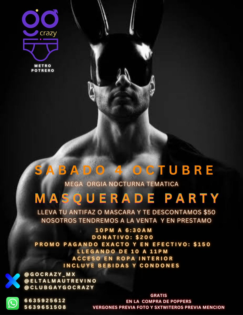 Masquerade party hoy en <a href="/CLUBGAYGOCRAZY/">CLUB GO CRAZY!!</a> 😏❤️‍🔥
<a href="/gocrazy_mx/">Go Crazy</a>