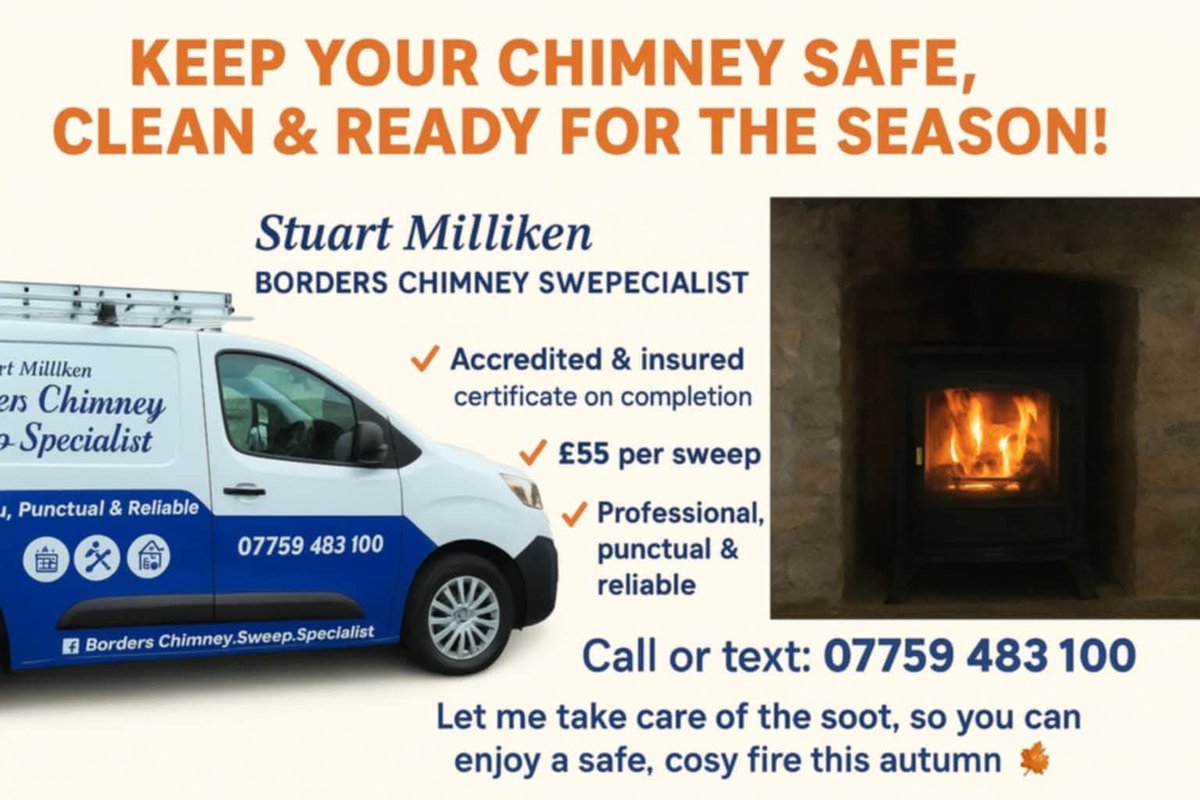 BordersChimney's tweet photo. 🔥 Keep your chimney safe, clean &amp; ready for the season! 🔥
✨ Stuart Milliken Borders Chimney Sweep Specialist ✨
✅ Accredited &amp; insured  certificate provided on completion
✅ Just £55 per sweep
✅ Professional, punctual &amp; reliable
📞 Call text: 07759 483100 🍂
#scottishborders https://t.co/wIucsu1APR