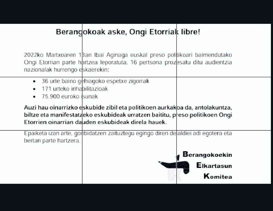 Ongi etorri baten parte hartzea delitu ez delako eta bidegabekerien aurrean beti altxatuko garelako,
Berangokoak aske!!
Ongi etorriak libre!!
Berangokoekin Elkartasun Komitea 
BEK
