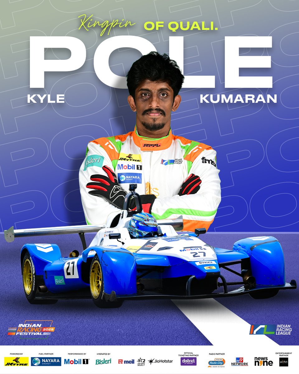 Irlofficial1's tweet photo. He came, he flew, he conquered! ποΈπ¨
Kyle Kumaran rules quali and takes Pole at the IRL. π The hunt for victory starts NOW! β‘
#PoweredbyJKtyres #FuelledByNayara #PerformanceByMobil1 #Indianracingleague #Season4 #IRF2025 #IndianRacingFestival https://t.co/gJrKjHATnb