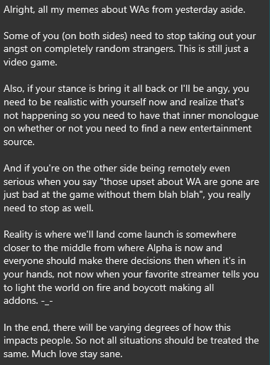 Last tweet about addons because ultimately i personally don't care, I just want everyone to stop being nasty to each other.