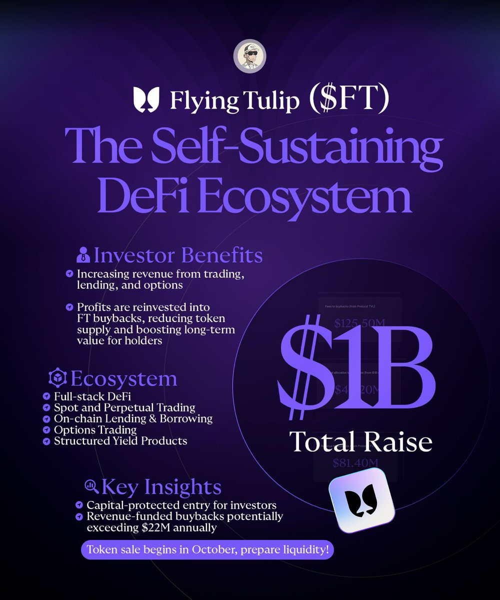 自己持続型DeFiエコシステムを示すFlying Tulipのインフォグラフィック（総調達額10億ドルを目指す）