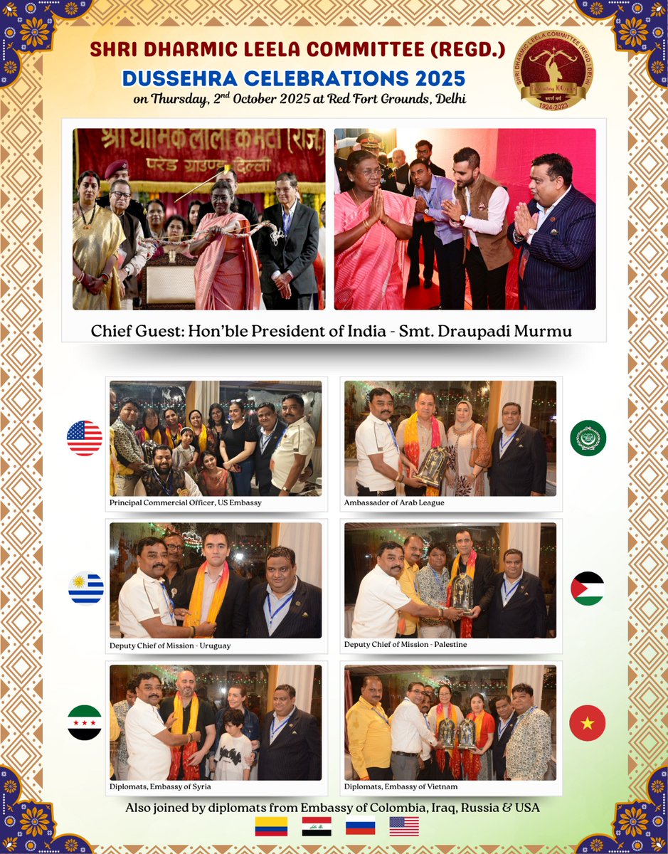 Gttc_India's tweet image. Hon’ble President of India joined Shri Dharmic Leela Committee’s 2025 Dussehra Celebrations at Red Fort, alongside diplomats from the Arab League, US, Uruguay, Palestine, Colombia &amp;amp; more—celebrating India’s cultural heritage and global harmony. 🇮🇳🌍
#gttci @mygovindia #Dussehra