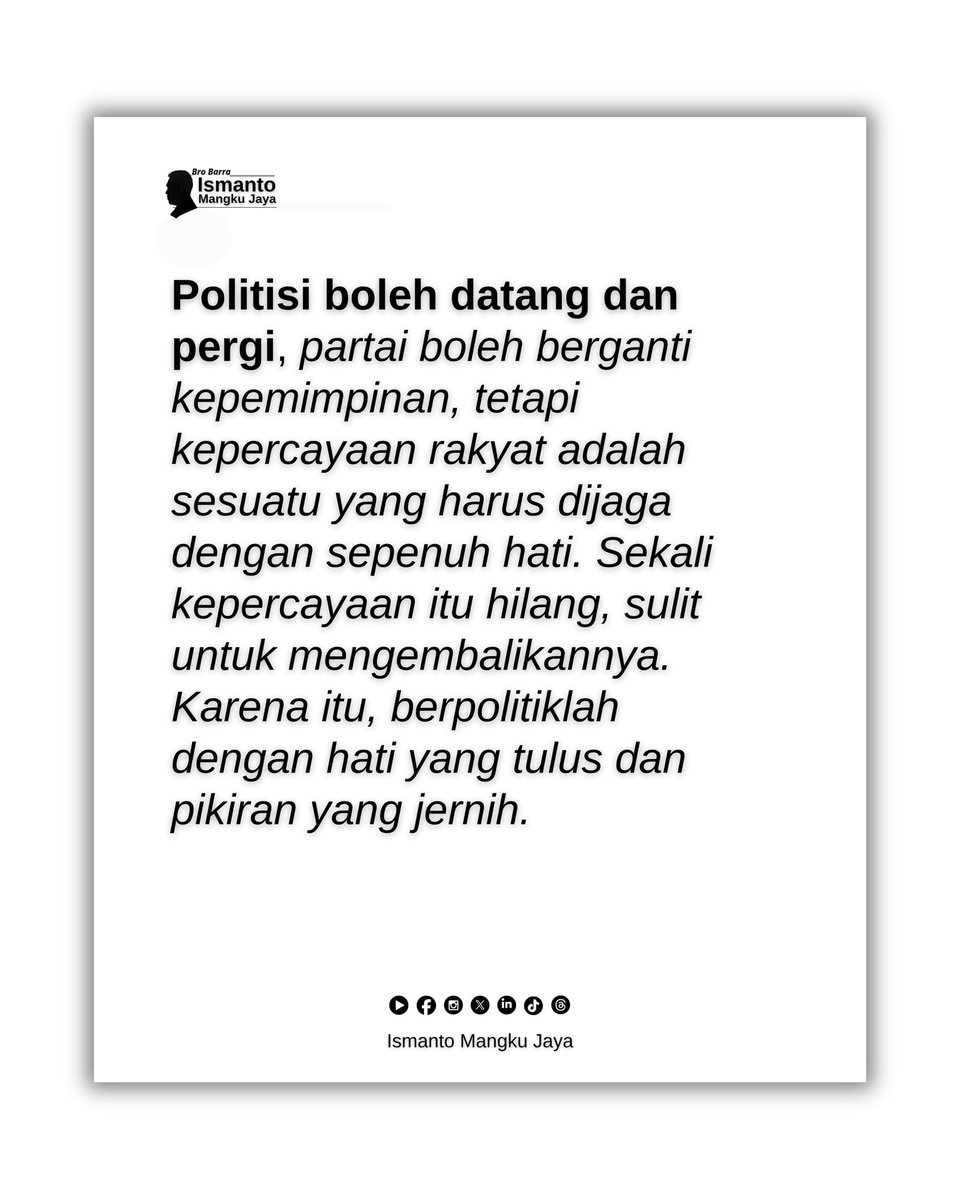 barayakangbarra's tweet image. Politisi boleh datang dan pergi, partai boleh berganti kepemimpinan, tetapi kepercayaan rakyat adalah sesuatu yang harus dijaga dengan sepenuh hati. 

#edukasi #politik #datang #pergi #berganti #pemimpin #rakyat #hati #kepercayaan #hilang #sulit #tulus #jernih
