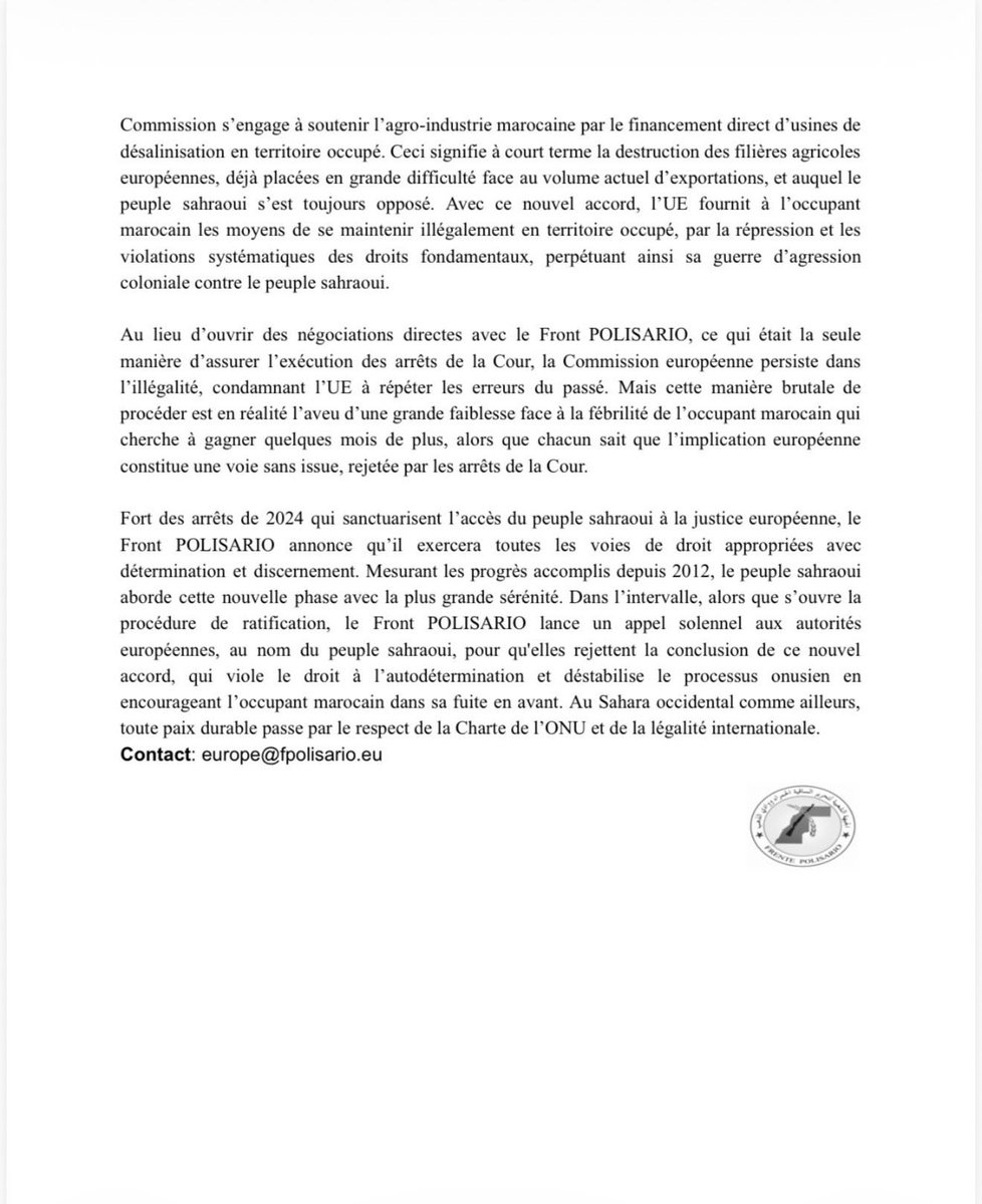 🧵1/8🇪🇭🇪🇺🇲🇦📢 Communiqué | Le Front #POLISARIO condamne fermement le nouvel accord #UE–#Maroc sur les produits du #SaharaOccidental occupé.
👉 Il annonce qu’il usera de toutes les voies légales pour défendre les droits souverains du peuple sahraoui.