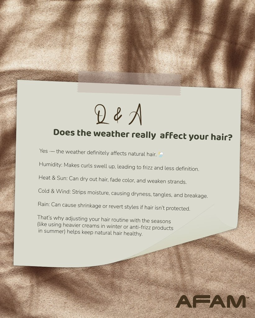 afamghana's tweet image. ☀️🌧️🌬️ Did you know the weather can make or break your hair health? From frizz to dryness, your strands feel every change in the season. Adjusting your routine helps keep natural hair strong, healthy, and beautiful all year round. 💆🏽‍♀️
#HealthyHairTips #NaturalHairCare #AFAMConcept