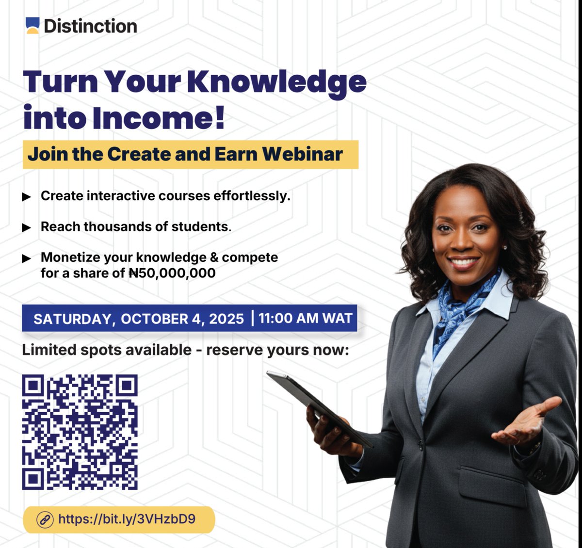 Distinction_AI's tweet image. Today’s the day! Join the Create &amp;amp; Earn Webinar &amp;amp; learn how to transform your expertise into courses &amp;amp; compete for your share of ₦50,000,000!

👉 Last chance to register: bit.ly/3VHzbD9

#distinction #distinctionacademy #CreateAndEarn #EdTech #Webinar