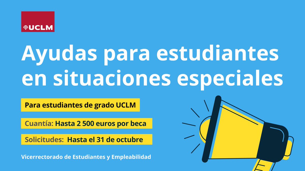 ‼️ Abierto hasta el 31 de octubre el plazo de solicitud de las ayudas para estudiantes de la UCLM en situaciones especiales.
➡️uclm.es/es/global/prom…