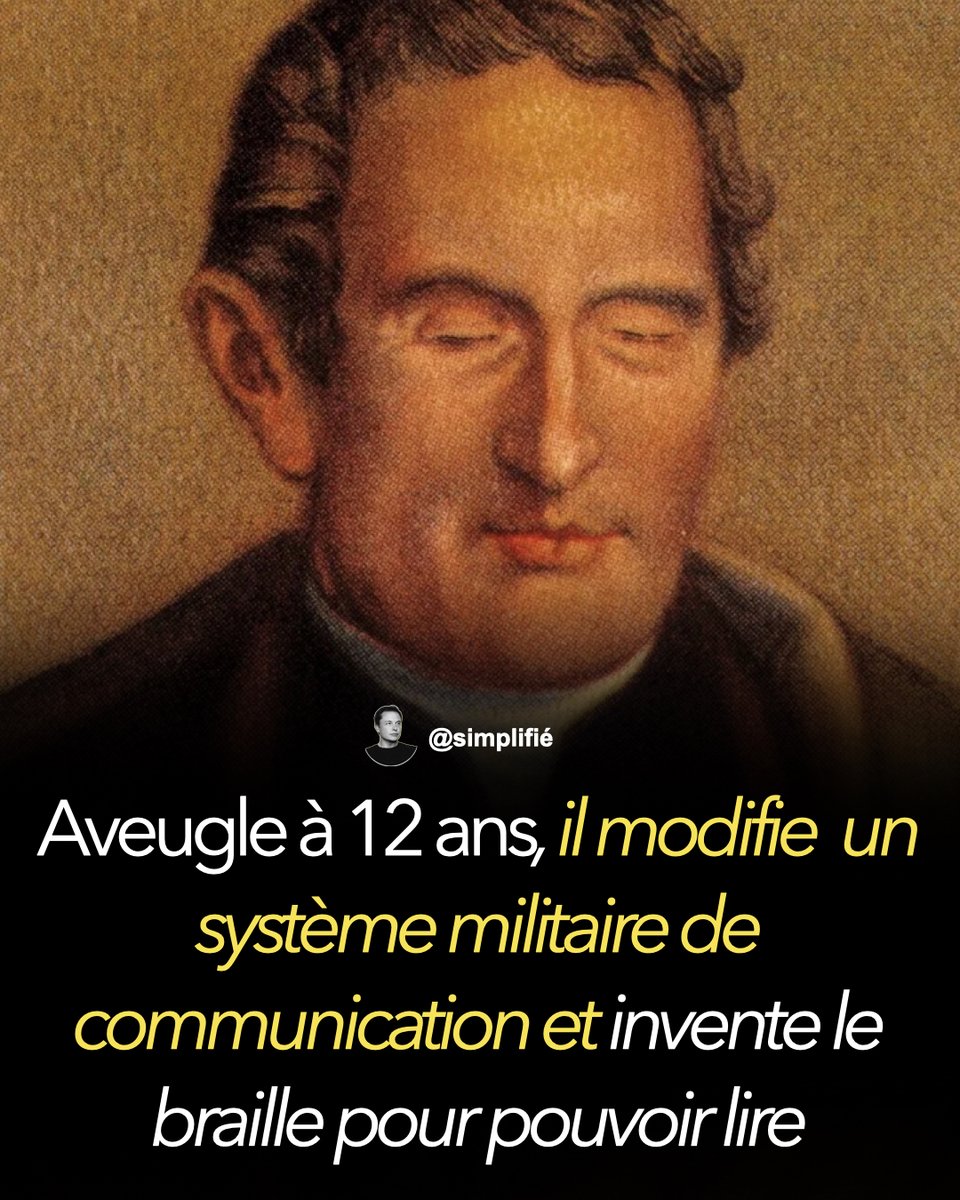Louis  Braille, aveugle dès l’enfance, s’inspire du système militaire nocturne  utilisé par les soldats pour communiquer sans parler. Il simplifie ce  code et crée l’alphabet braille à six points, lisible par le toucher.  Dès l’adolescence, son invention ouvre la lecture et