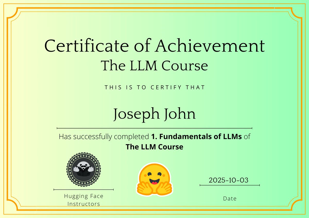 iamkvngjay01's tweet photo. Fundamentals of LLMs Chapter one done.

@huggingface Thank you for this amazing course, We go again next week.

The Goal is to post my certification after each topic. See you guys next week!
#LLMs https://t.co/dC5TWIUjdt