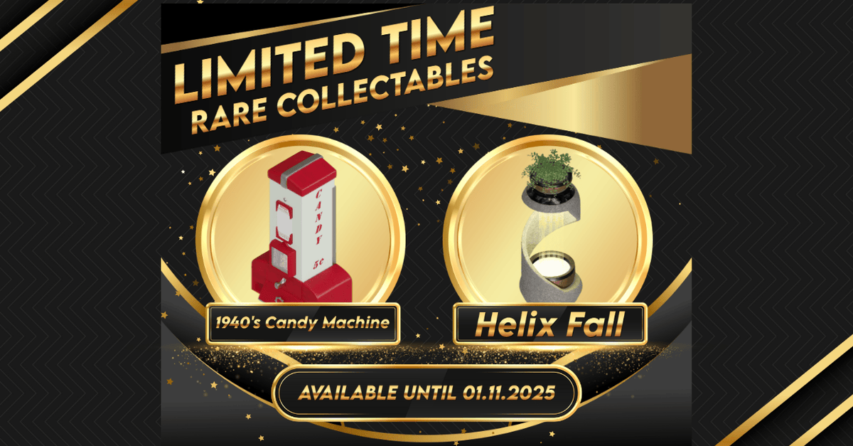RagingBullGames's tweet photo. The 1940's Candy Vending Machine & The Helix Fall have arrived in MegaPlanet for a limited time only! Grab yours now and hold on tight, limited items gain value over time once they become rare! #gamedev #indiedev #MegaPlanet #virtualworld https://t.co/aFlK9eQPEj