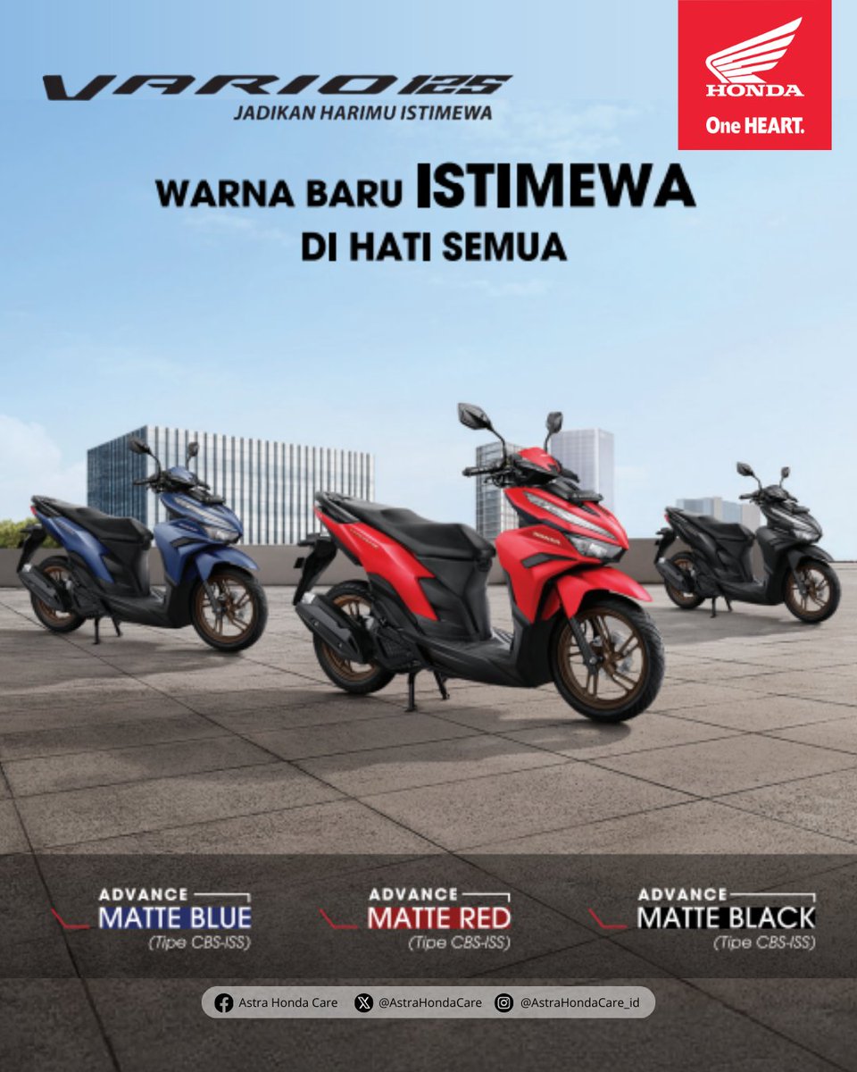 New Honda Vario 125 type CBS-ISS hadir dalam 3 pilihan warna baru; Advance Matte Red, Advance Matte Black &amp; Advance Matte Blue. Mana warna pilihan BroSis? Kasih tau MiGan di kolom komen ya.. buat BroSis yang pengen tau spesifikasi dan harganya juga bisa langsung tanya MiGan di