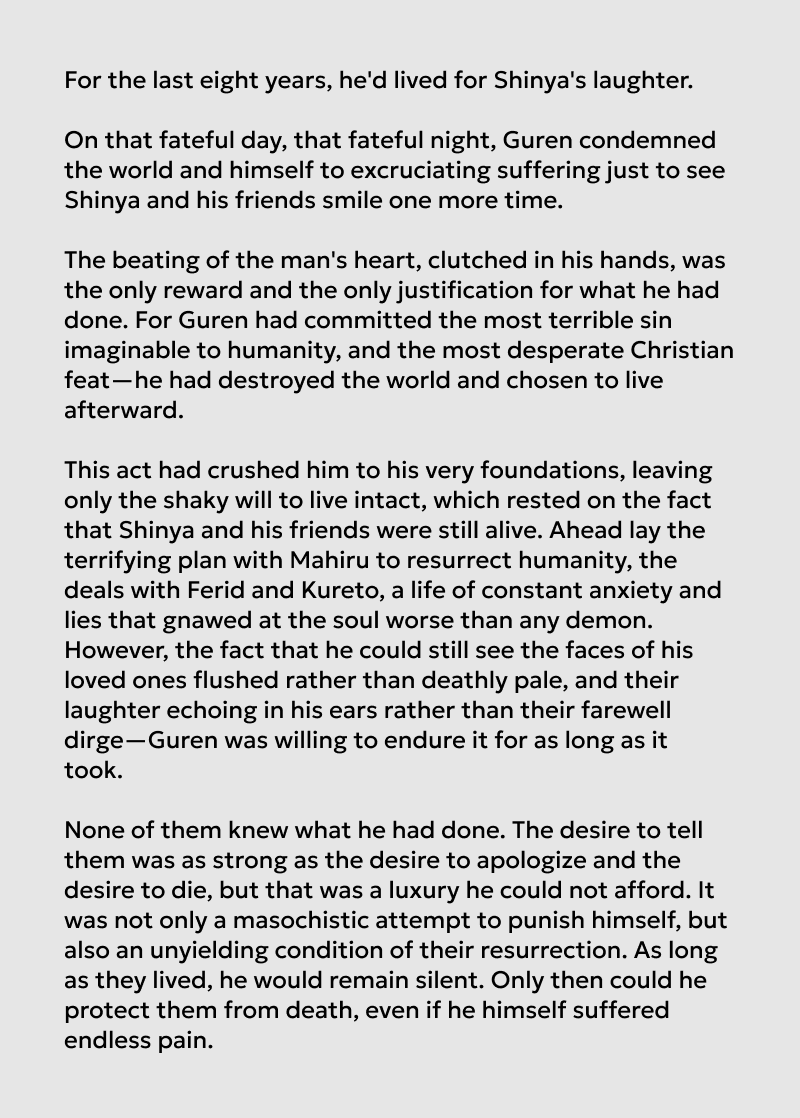 PersonalSadist's tweet photo. What if the last OnS chapter was written as a novel or Guren's character study #gureshin

4/11 https://t.co/0Gc4oYwwhI