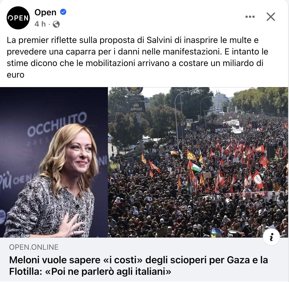 Comunque mi piace ricordare alla #Melon che gli scioperanti non prendono lo stipendio, mentre i politici (19 mila euro al mese con i rimborsi spese) li percepiscono lo stesso, anche se fanno il 98% di assenze e di questi esempi, purtroppo, ne conosciamo diversi!
#BlocchiamoTutto