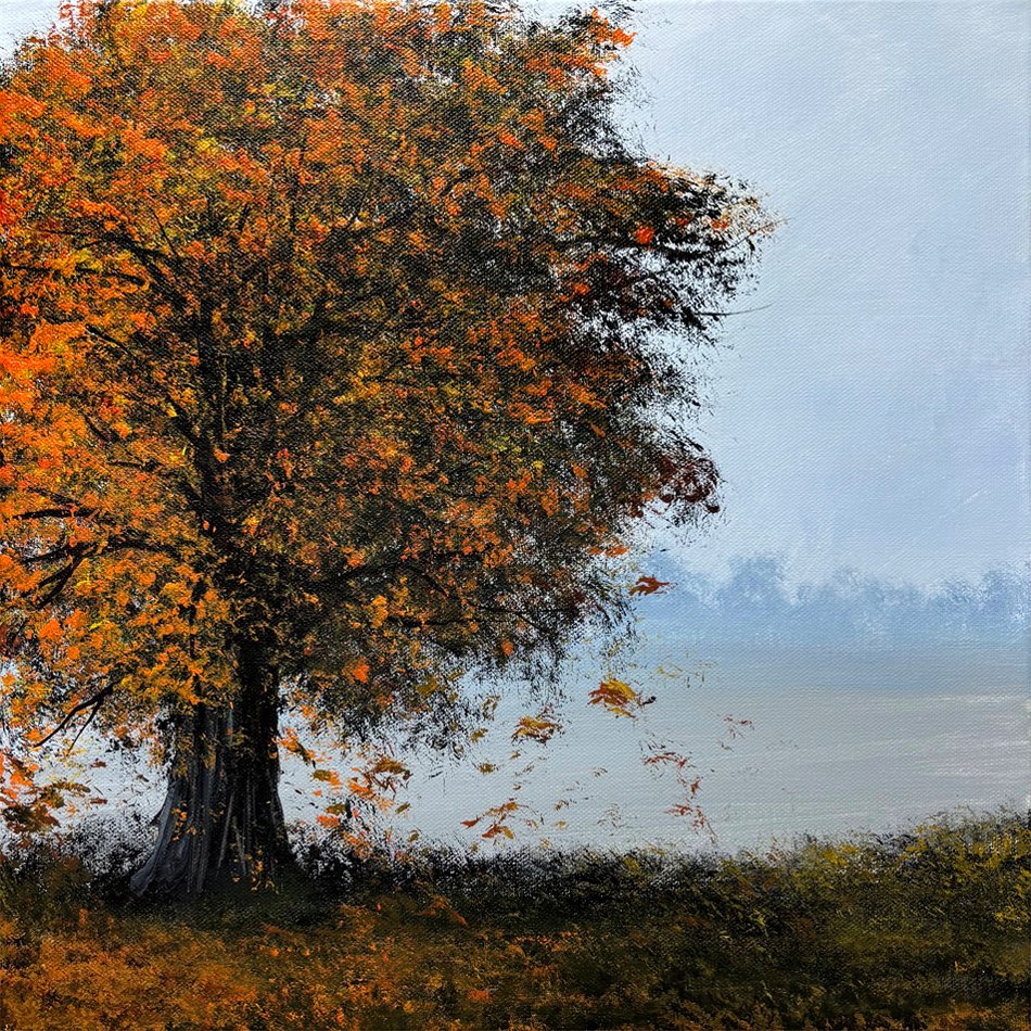 Jesień idzie nie sama
przez parki i lasy kroczy
deszcz jej oczy zalewa
wiatr liście wplata we włosy

"Tęsknica" - akryl na płótnie 40x40 cm
Dobrego dnia