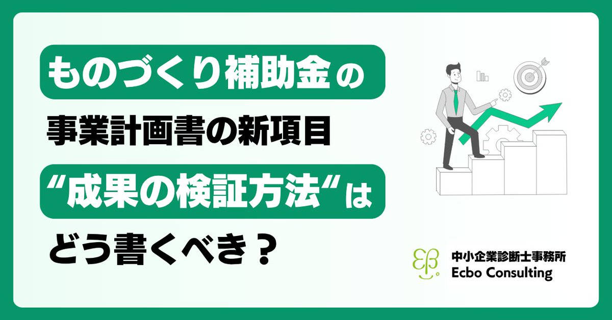 EcboConsulting's tweet photo. ものづくり補助金の事業計画書の新項目「成果の検証方法」の記載方法について考えてみました！

この項目は、「目標・KPIの達成を最終的にどう検証するか？」について答える章で、21次から新しく追加されました。

普通に書く���例えば「売上を会計ソフトから抽出して確認します」などの記載になります。
が、事業計画書の様式では独立した章として1000文字も枠があり、具体性を求められているので、この記載だと不足が多いかなと思います。

そこで、以下の項目を記載するとよいのでは？と考えています！

・検証の目的
・測定方法
・検証プロセス
・改善アクション
・改善プロセス

それぞれについて解説をnote記事に書きました！

https://t.co/AJxnCyDjcl