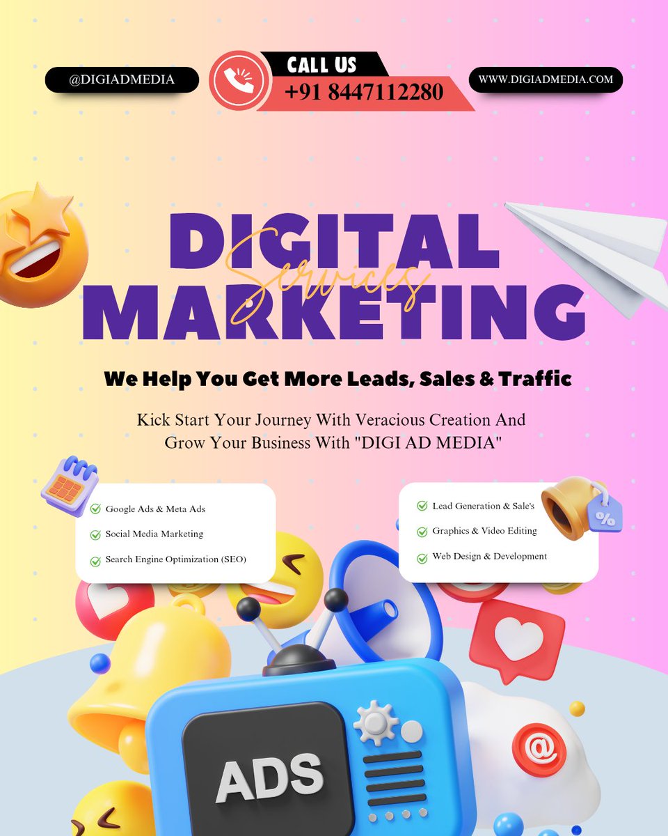 DigiAdMedia's tweet photo. 🚀 Boost Your Business Growth with Powerful Digital Marketing! Want more leads, more sales, and more traffic? 💰✨

At Digi Ad Media, we turn your ideas into revenue-generating strategies!

📞 Call Us Today: +91 8447112280
🌐 Visit Us: https://t.co/qYpgzxeOCB

#DigitalMarketing https://t.co/MdoPHXVZVS