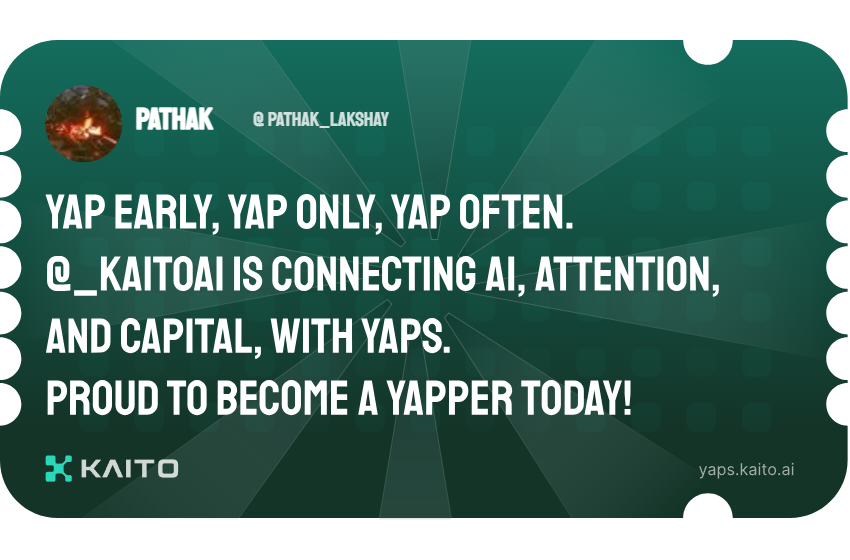 Yap early, yap only, yap often.

<a href="/KaitoAI/">Kaito AI 🌊</a> is connecting AI, attention and capital with Yaps.

Just claimed my social card and I'm accumulating Yap points in real-time.

Claim yours 👉 yaps.kaito.ai/referral/80361…