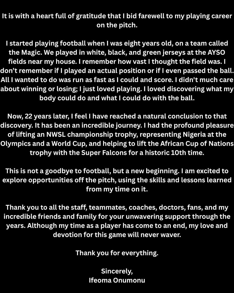 She came, she shined, she conquered! 👑⚽
At 31, Super Falcons’ Ifeoma Onumonu hangs up her boots after a career full of wins!

🏅 WAFCON champ
🏅 NWSL champ with Gotham
🌍 Represented Naija at the World Cup &amp; Olympics

Thank you for repping the green and white with pride 🇳🇬💫