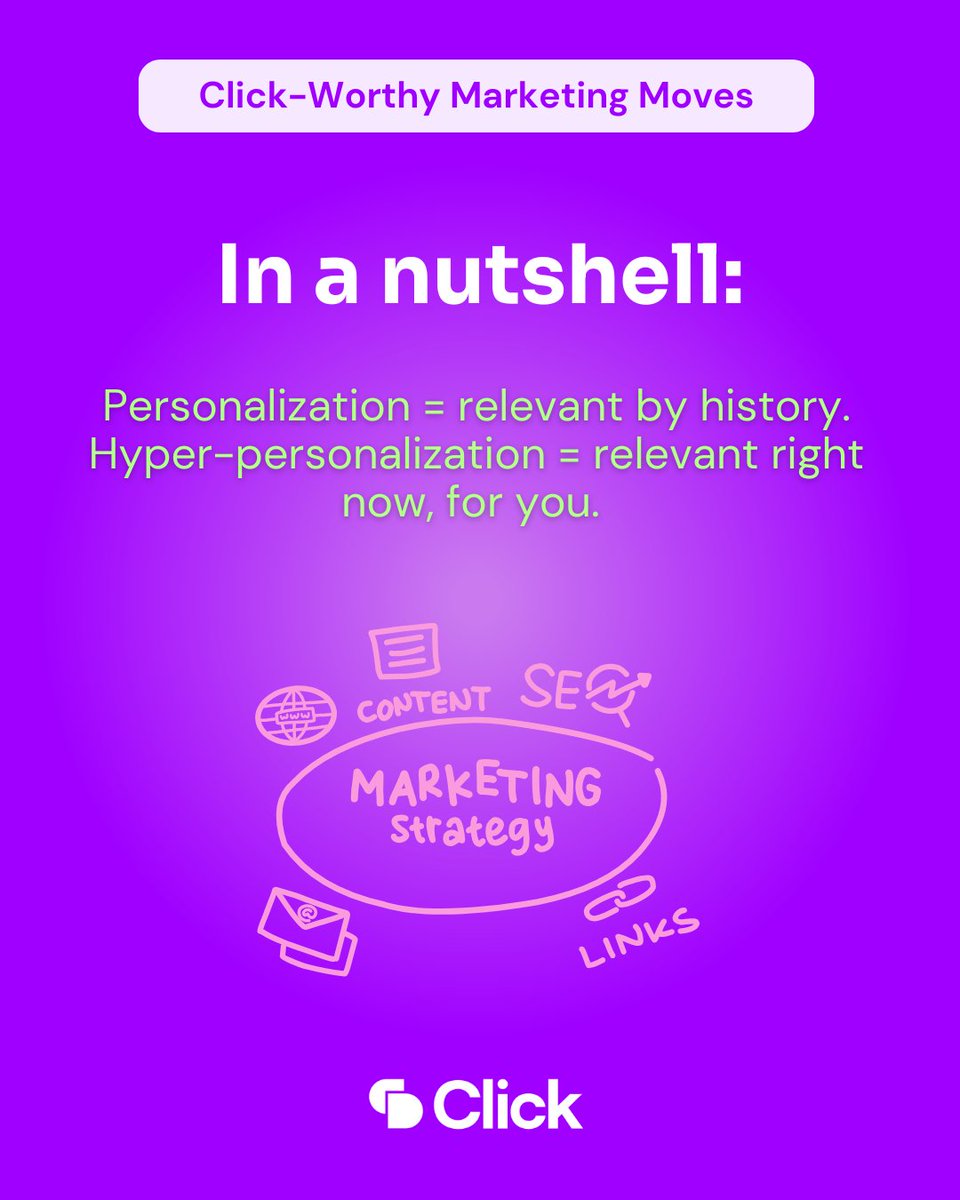 ClickDimensions's tweet image. Wondering how personalization and hyper-personalization differ in marketing? 🎯
In a nutshell: Personalization = relevant by history. Hyper-personalization = relevant right now, for you.
#MarketingTrends #HyperPersonalization #CWMM #clickworthymarketingmoves